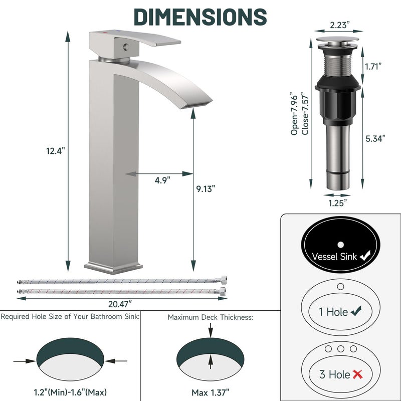 Green Spring Greenspring Brushed Nickel Vessel Sink Faucet, Waterfall Bathroom Faucets, Tall Spout Single Handle Single Hole Bathroom Faucets with Pop Up Drain and Without Overflow Basin Faucet Supply Line - Image 2